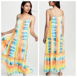 Kos Resort Tie Dye Dress Maxi Sleeveless Tie Strap Yellow Blue Medium M